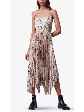 ALLSAINTS Lorna Yermo Pleated Midi Pink Slip Dress w/Black Splatter Print Size S